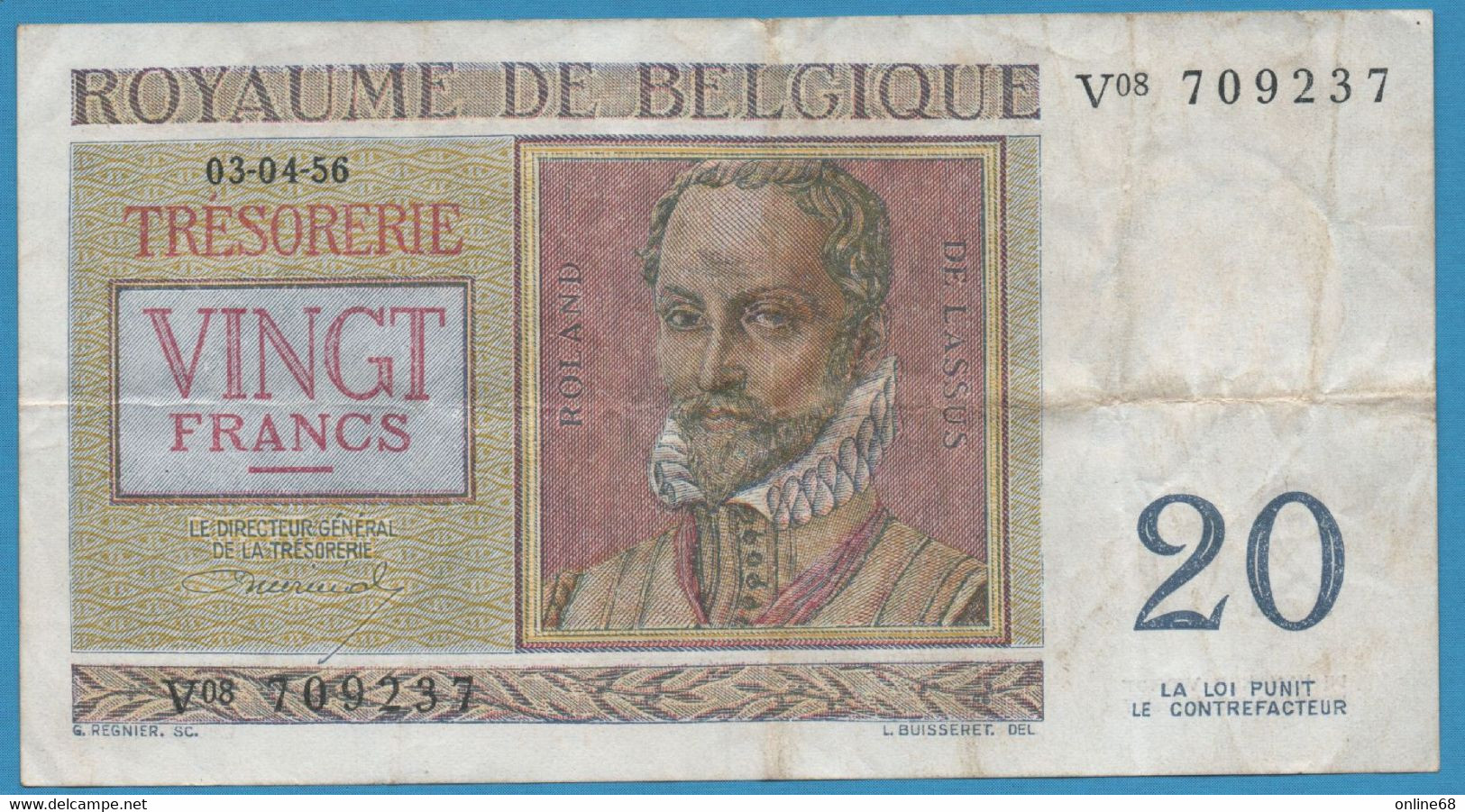 BELGIQUE 20 FRANCS 03.04.1956 # V08 709237 P# 132b Roland De Lassus Thesaurie - 20 Francos