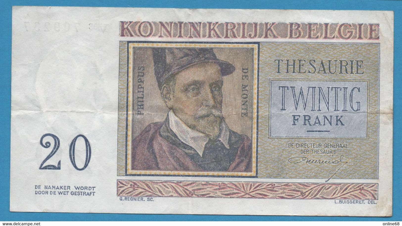 BELGIQUE 20 FRANCS 03.04.1956 # V08 709237 P# 132b Roland De Lassus Thesaurie - 20 Franchi