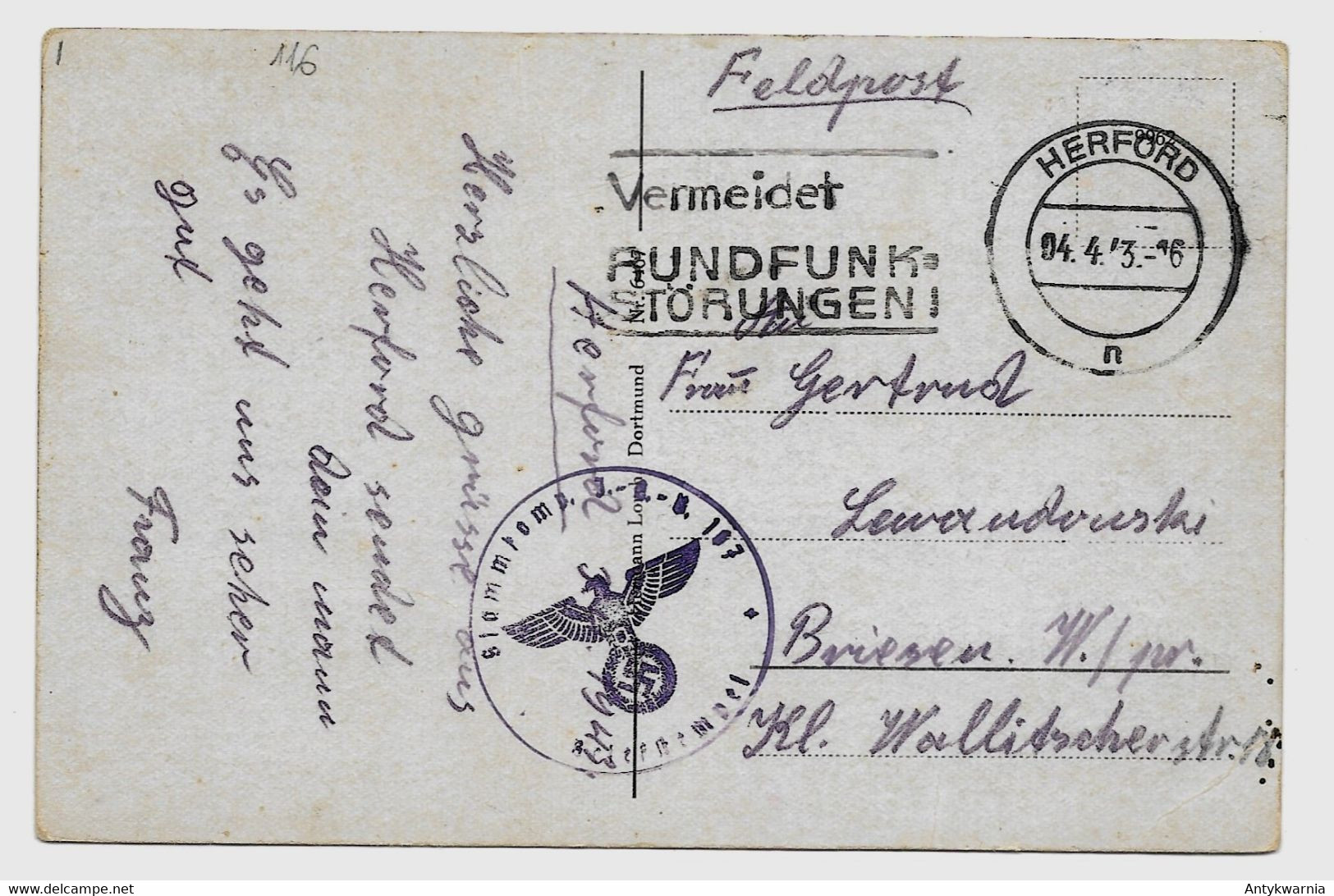 Herford Gelaufen 1943y FELDPOST Swastika  E807 - Herford