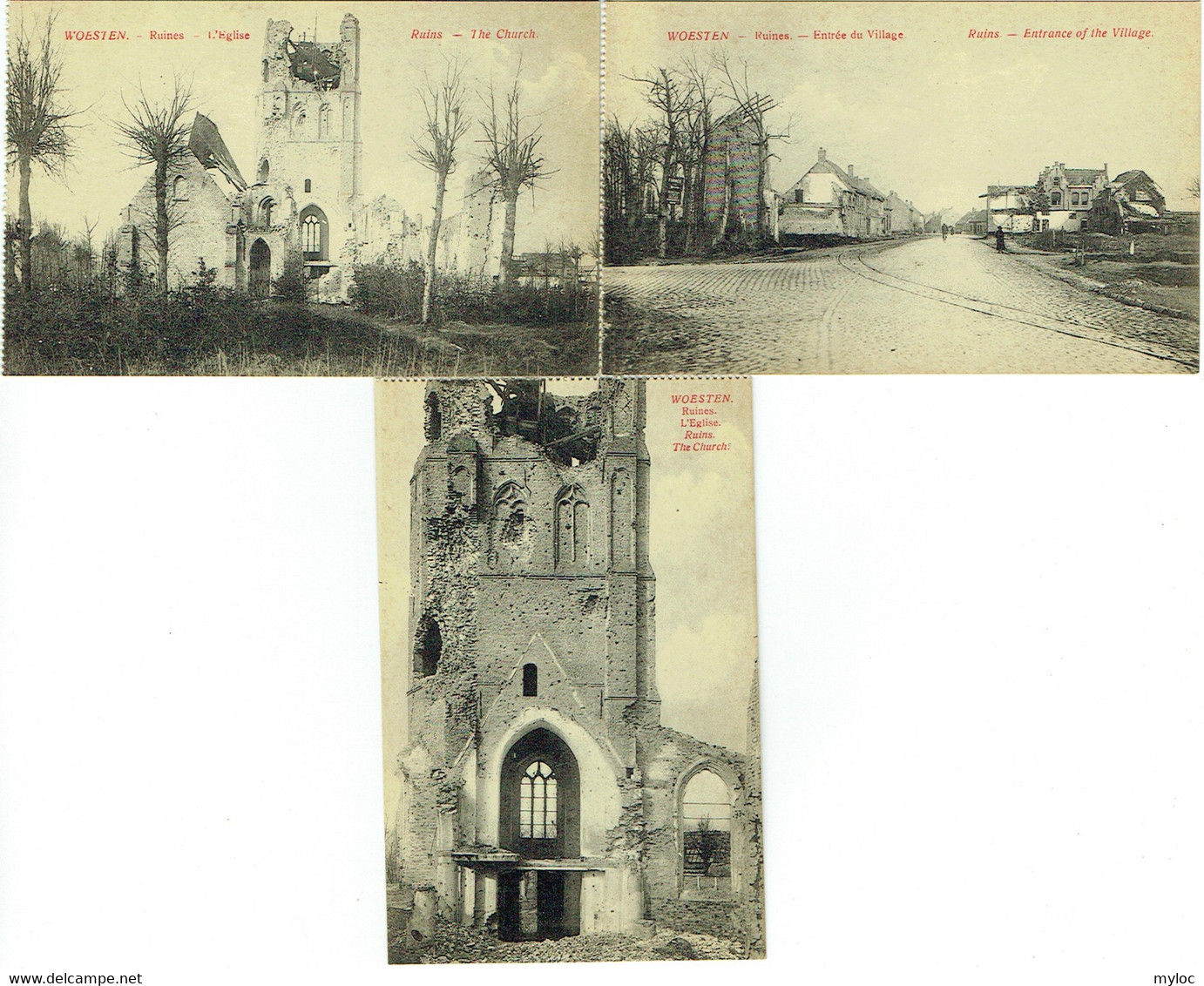 3x Woesten. Ruines. Eglise Et Entrée Du Village. WW1. Lot De 3 Cartes. - Vleteren