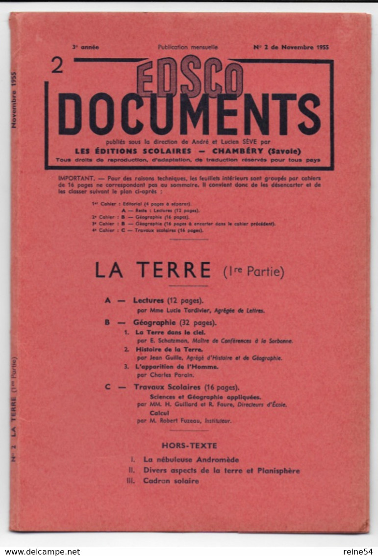 EDSCO DOCUMENTS- LA TERRE (1ère Partie) 3e Année-Pochette N°2 Nov.1955--support Enseignants- Les Editions Scolaires - Fiches Didactiques