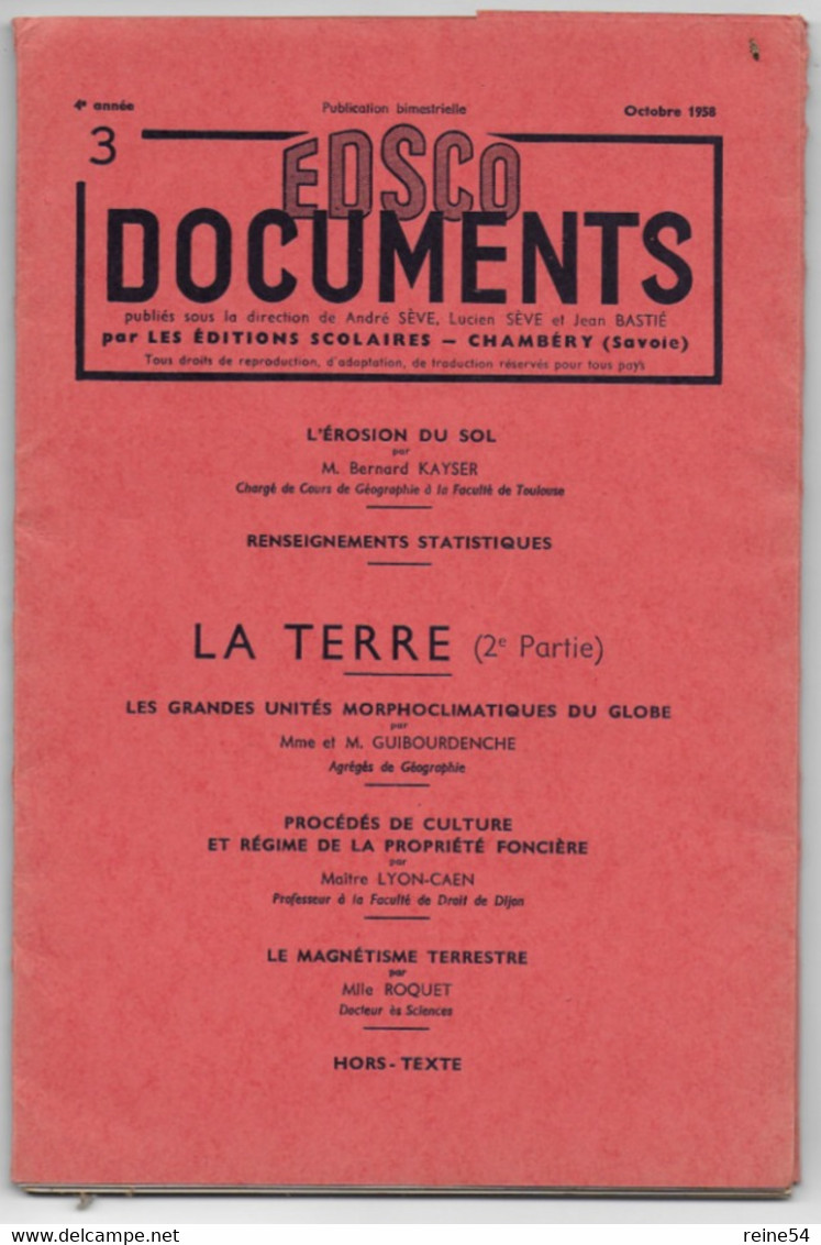 EDSCO DOCUMENTS -LA TERRE (2ème Partie) 4e Année-Pochette N°3 Oct.1958--support Enseignants- Les Editions Scolaires - Didactische Kaarten