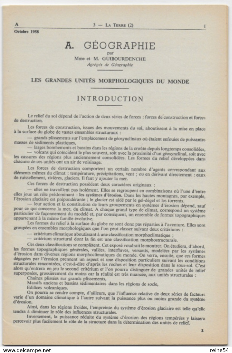 EDSCO DOCUMENTS -LA TERRE (2ème Partie) 4e Année-Pochette N°3 Oct.1958--support Enseignants- Les Editions Scolaires - Fichas Didácticas