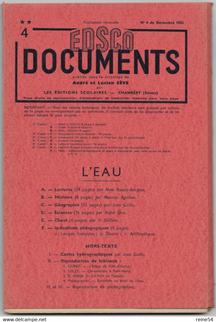 EDSCO DOCUMENTS - L'EAU - Pochette N°4 De Octobre 1953 --support Enseignants- Les Editions Scolaires - Fiches Didactiques