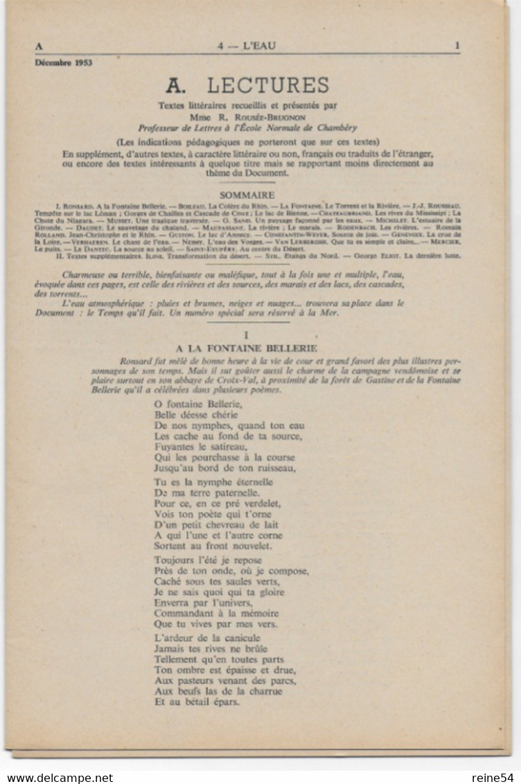 EDSCO DOCUMENTS - L'EAU - Pochette N°4 De Octobre 1953 --support Enseignants- Les Editions Scolaires - Lesekarten