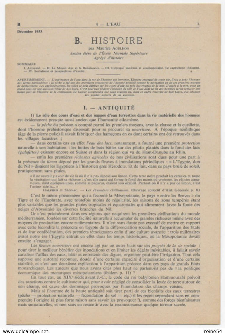 EDSCO DOCUMENTS - L'EAU - Pochette N°4 De Octobre 1953 --support Enseignants- Les Editions Scolaires - Fiches Didactiques