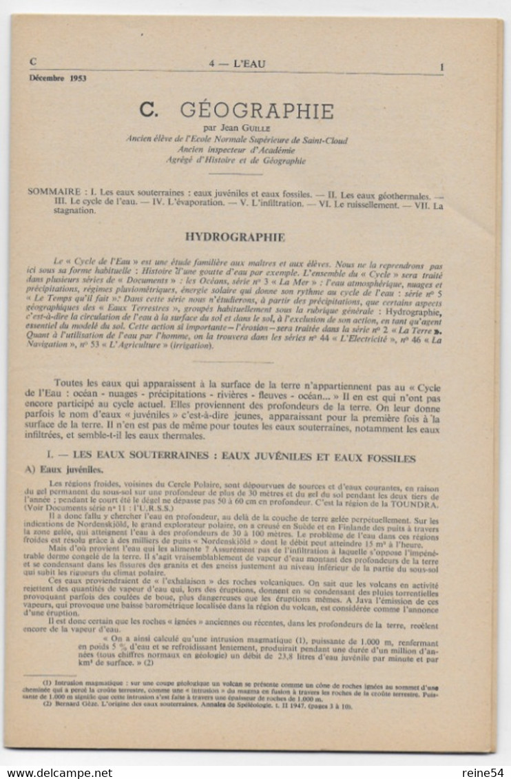 EDSCO DOCUMENTS - L'EAU - Pochette N°4 De Octobre 1953 --support Enseignants- Les Editions Scolaires - Fichas Didácticas