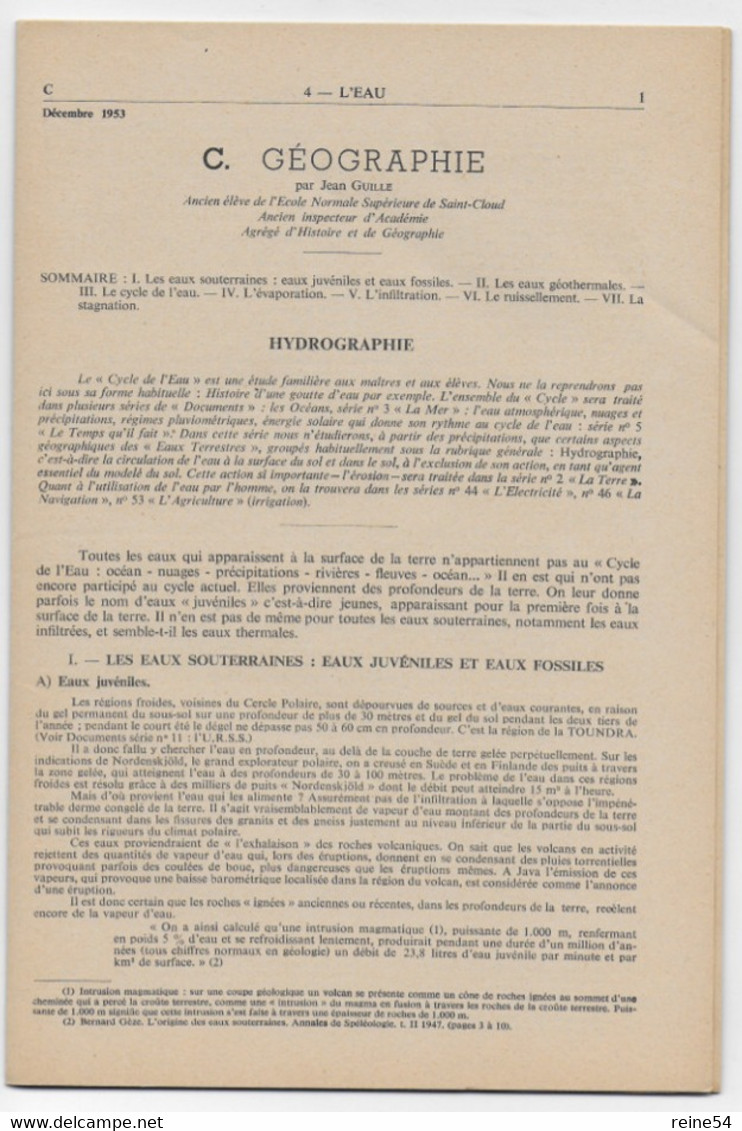 EDSCO DOCUMENTS - L'EAU - Pochette N°4 De Octobre 1953 --support Enseignants- Les Editions Scolaires - Fiches Didactiques