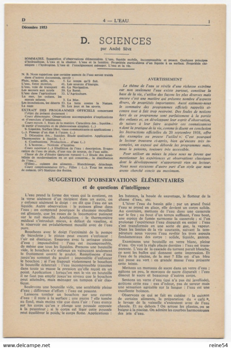 EDSCO DOCUMENTS - L'EAU - Pochette n°4 de octobre 1953 --support enseignants- Les Editions Scolaires