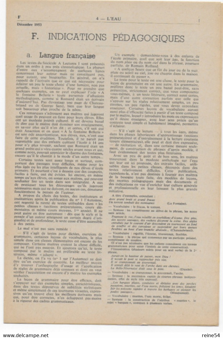 EDSCO DOCUMENTS - L'EAU - Pochette n°4 de octobre 1953 --support enseignants- Les Editions Scolaires