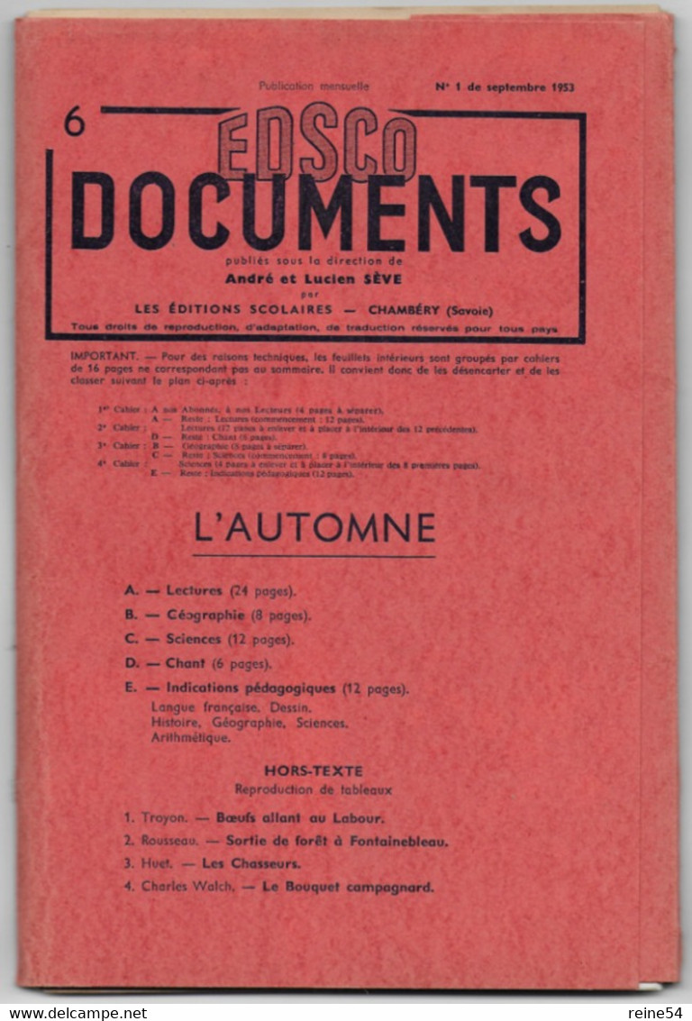 EDSCO DOCUMENTS - L'AUTOMNE- Pochette N°6 Du N°1 Sept 1953 - - Support Enseignants- Les Editions Scolaires - Fiches Didactiques