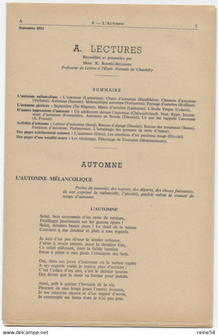 EDSCO DOCUMENTS - L'AUTOMNE- Pochette N°6 Du N°1 Sept 1953 - - Support Enseignants- Les Editions Scolaires - Fiches Didactiques