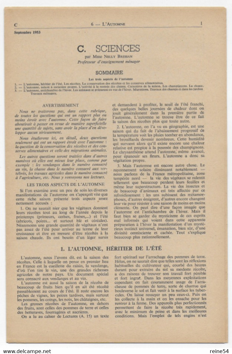 EDSCO DOCUMENTS - L'AUTOMNE- Pochette N°6 Du N°1 Sept 1953 - - Support Enseignants- Les Editions Scolaires - Fiches Didactiques