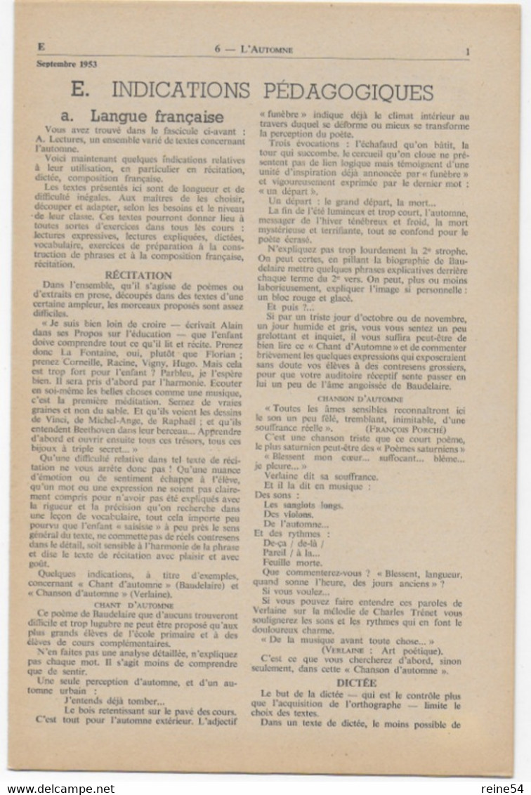 EDSCO DOCUMENTS - L'AUTOMNE- Pochette n°6 du n°1 sept 1953 - - support enseignants- Les Editions Scolaires