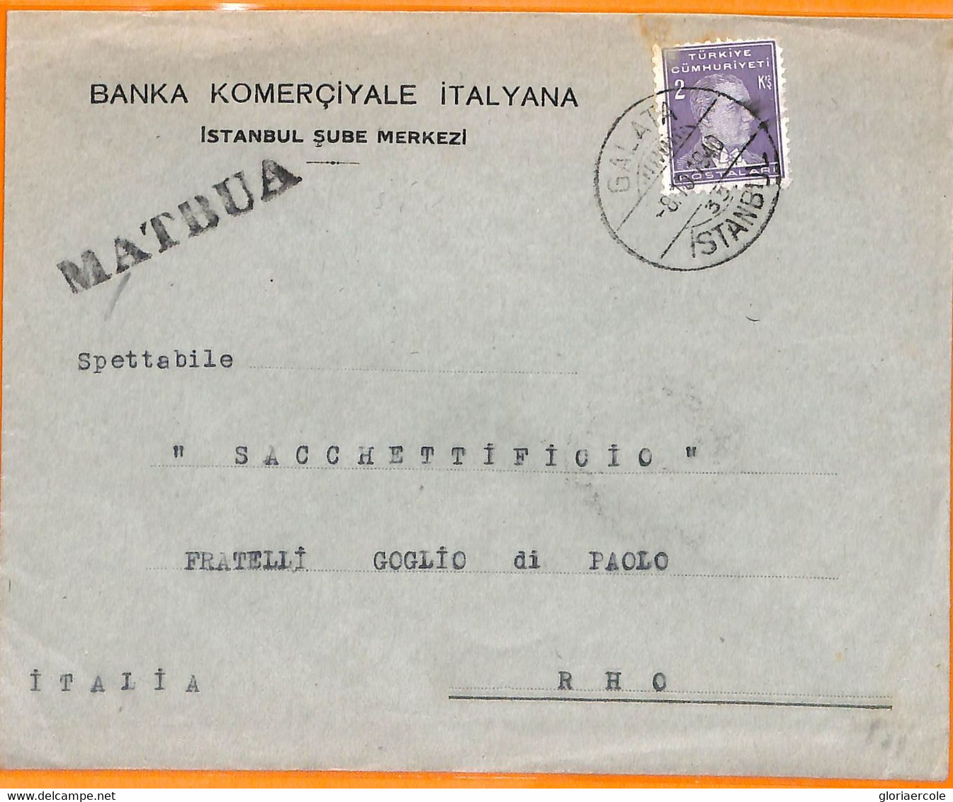 99957 -  TURKEY - POSTAL HISTORY - COVER  From GALATA To ITALY  1940 - Lettres & Documents