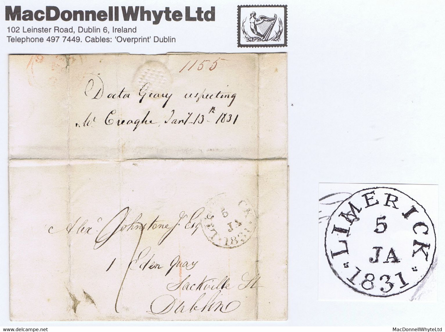 Ireland Limerick 1831 Cover To Dublin Rated "9" Ninepence For 65 To 95 Miles, Experimental LIMERICK/1831 Cds - Prefilatelia