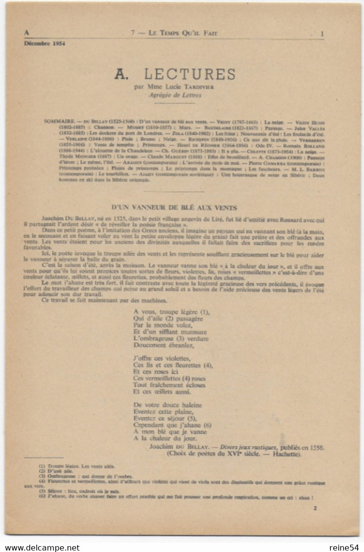 EDSCO DOCUMENTS- LE TEMPS QU'IL FAIT  N°7 Déc.1954-Pochette 2e Année--support Enseignants-Les Editions Scolaires - Fiches Didactiques