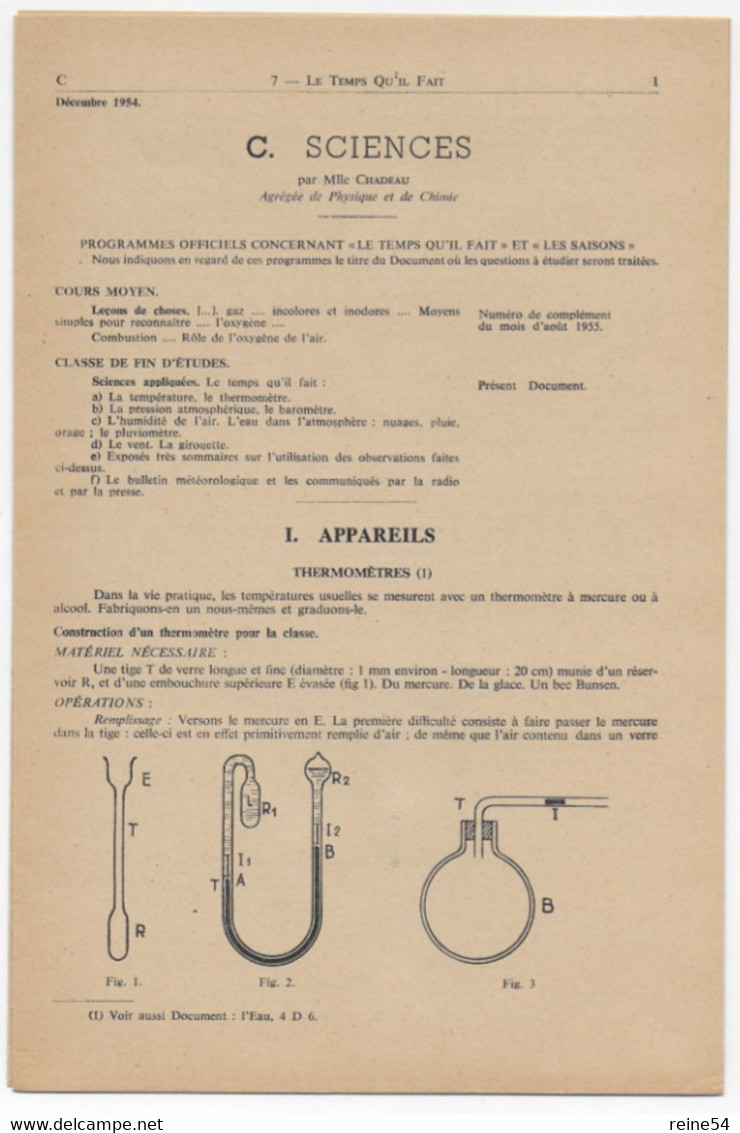 EDSCO DOCUMENTS- LE TEMPS QU'IL FAIT  N°7 Déc.1954-Pochette 2e Année--support Enseignants-Les Editions Scolaires - Schede Didattiche