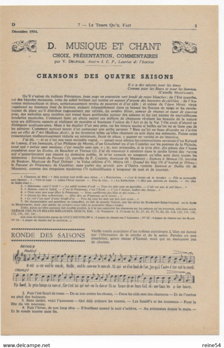 EDSCO DOCUMENTS- LE TEMPS QU'IL FAIT  n°7 déc.1954-Pochette 2e année--support enseignants-Les Editions Scolaires