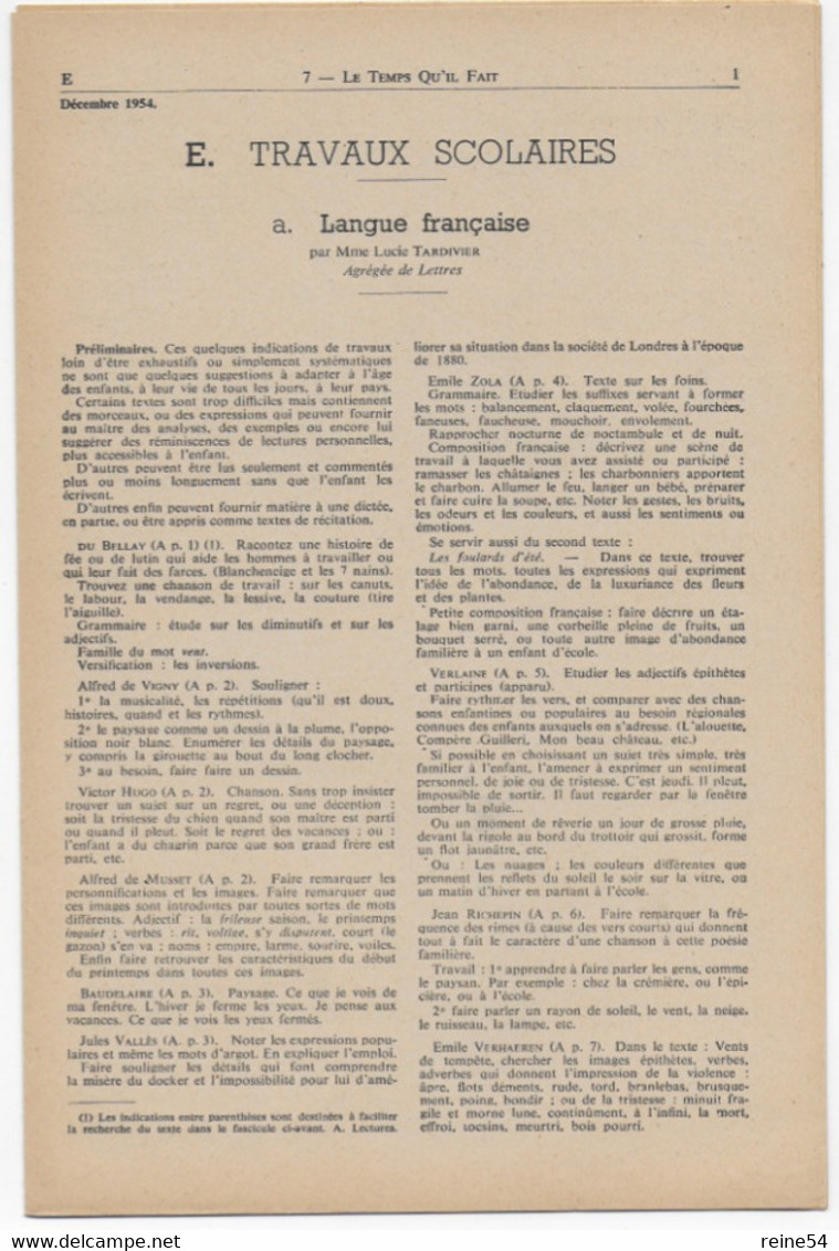 EDSCO DOCUMENTS- LE TEMPS QU'IL FAIT  n°7 déc.1954-Pochette 2e année--support enseignants-Les Editions Scolaires