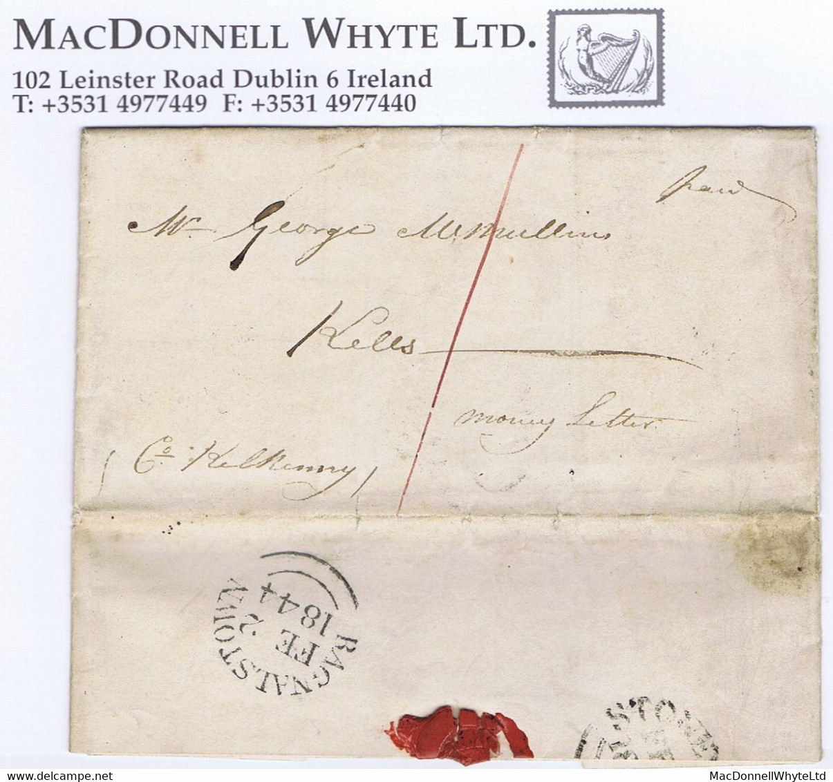 Ireland Money Letter Carlow 1844 Letter To Kells Kilkenny, BAGENALSTOWN FE 2 1844 Cds, STONEYFORD FE 3 1844 Arrival - Prefilatelia