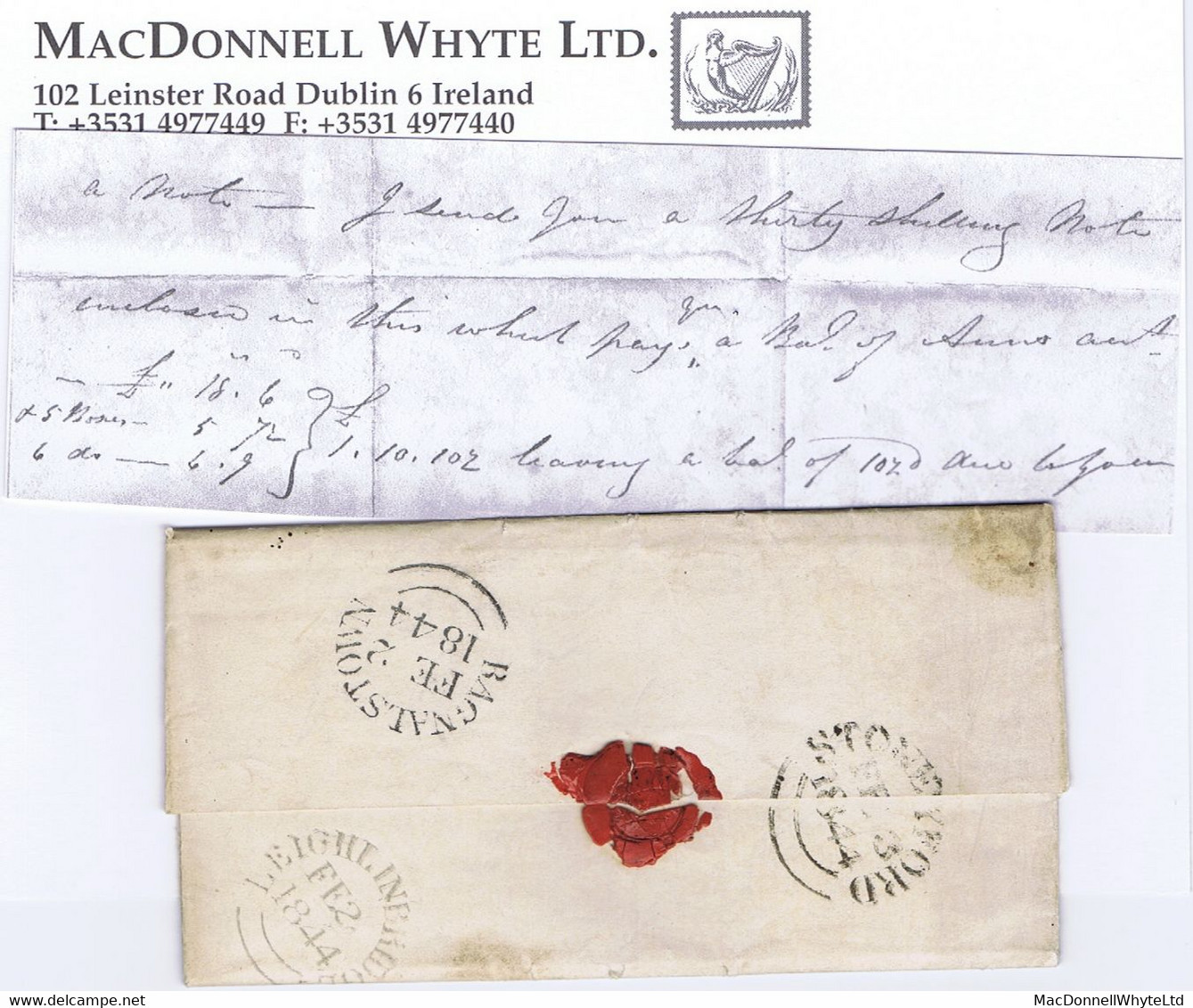 Ireland Money Letter Carlow 1844 Letter To Kells Kilkenny, BAGENALSTOWN FE 2 1844 Cds, STONEYFORD FE 3 1844 Arrival - Prefilatelia