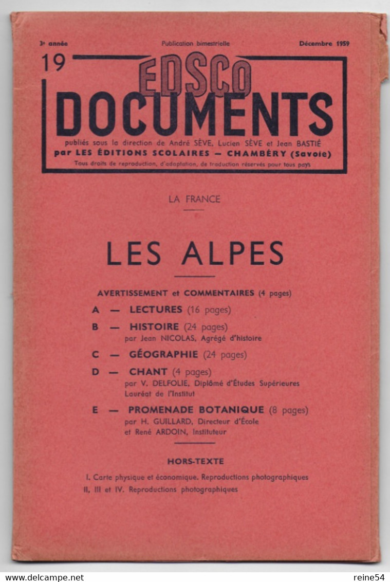 EDSCO DOCUMENTS- LES ALPES France-Pochette 3e Année- N°19 Déc.1959- -support Enseignants-Les Editions Scolaires - Fichas Didácticas