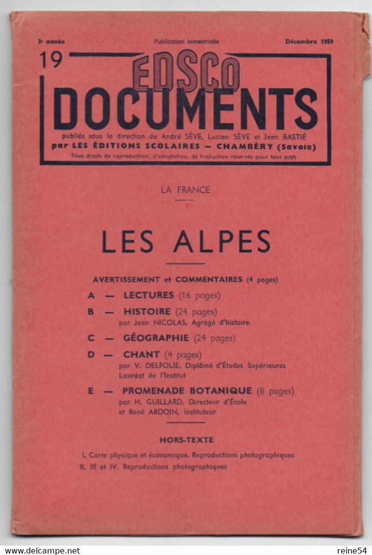 EDSCO DOCUMENTS- LES ALPES France-Pochette 3e Année- N°19 Déc.1959- -support Enseignants-Les Editions Scolaires - Fiches Didactiques