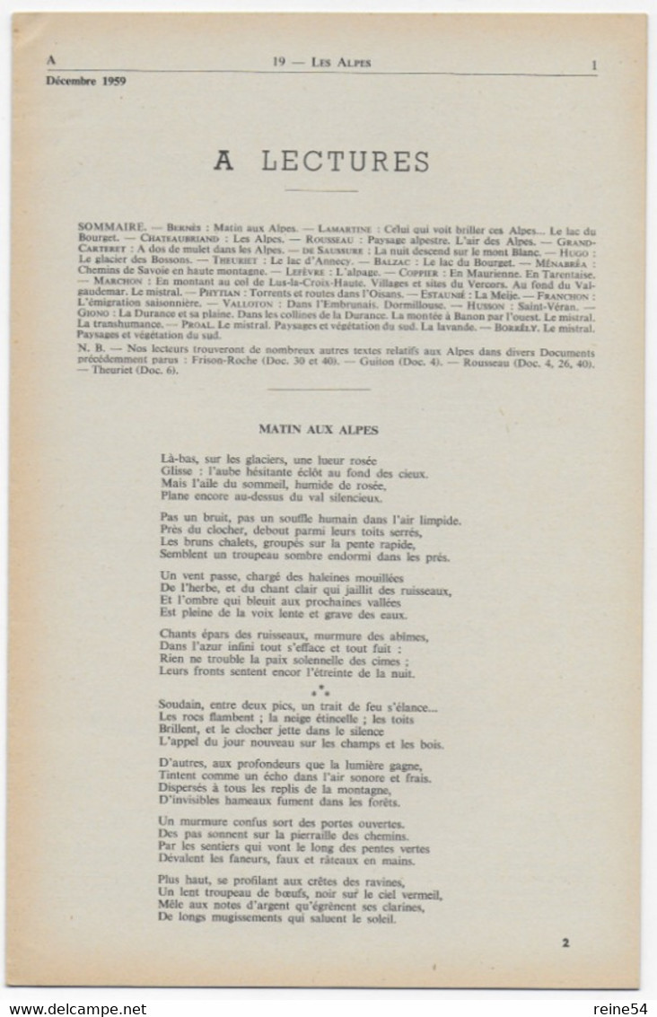 EDSCO DOCUMENTS- LES ALPES France-Pochette 3e Année- N°19 Déc.1959- -support Enseignants-Les Editions Scolaires - Lesekarten