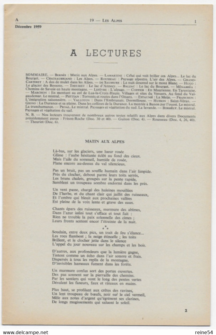 EDSCO DOCUMENTS- LES ALPES France-Pochette 3e Année- N°19 Déc.1959- -support Enseignants-Les Editions Scolaires - Fiches Didactiques