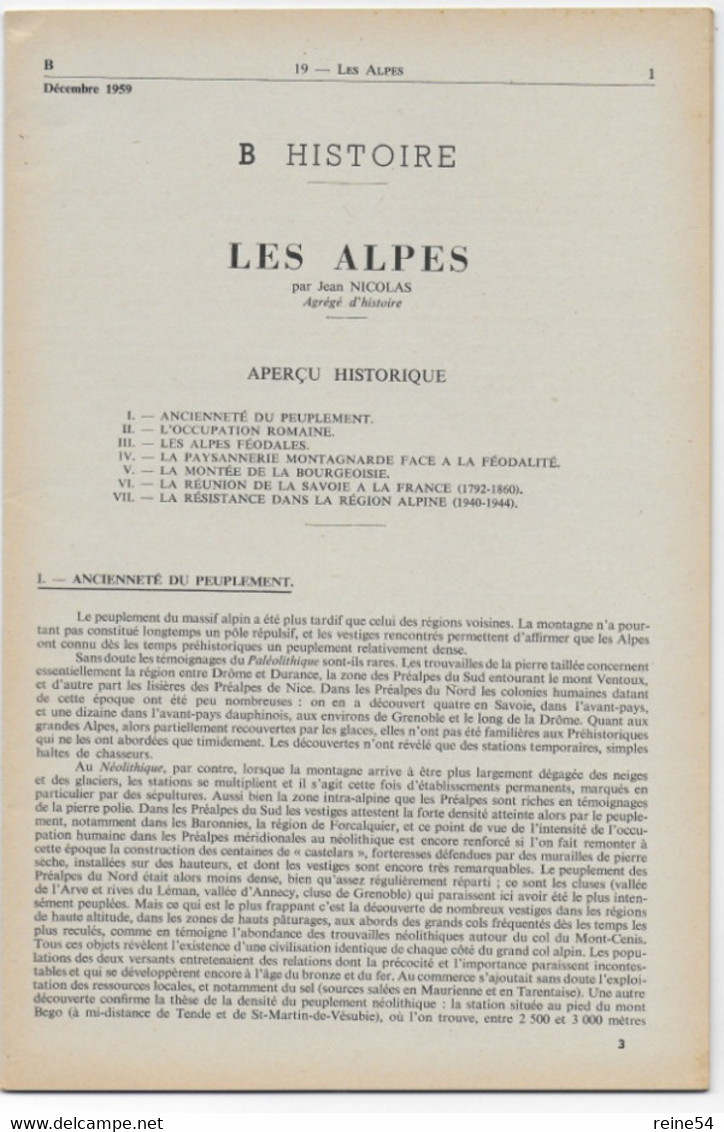 EDSCO DOCUMENTS- LES ALPES France-Pochette 3e Année- N°19 Déc.1959- -support Enseignants-Les Editions Scolaires - Didactische Kaarten