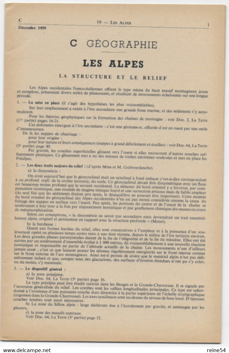 EDSCO DOCUMENTS- LES ALPES France-Pochette 3e Année- N°19 Déc.1959- -support Enseignants-Les Editions Scolaires - Fiches Didactiques