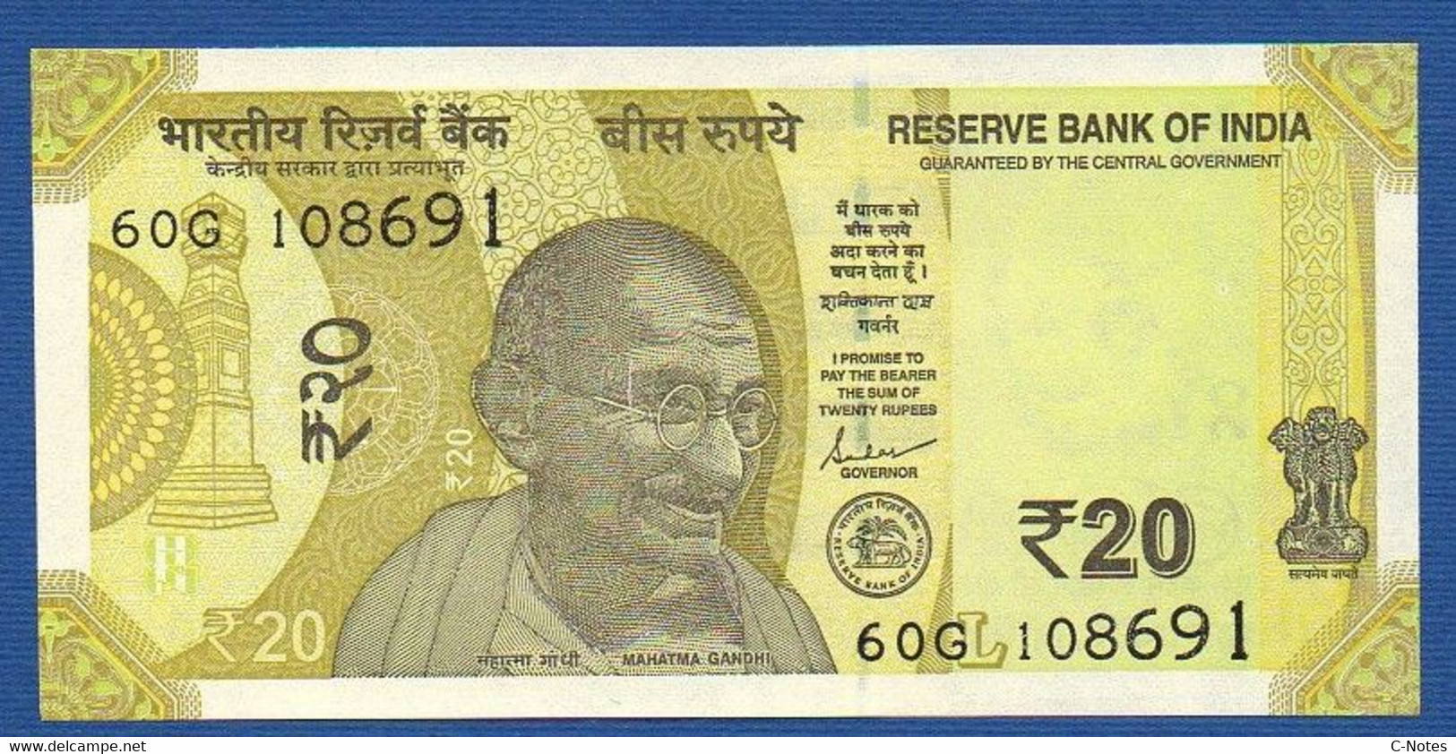 INDIA - P.110* –  20 Rupees 2019 UNC Without Plate Letter,  Serie 60G 108*** - India