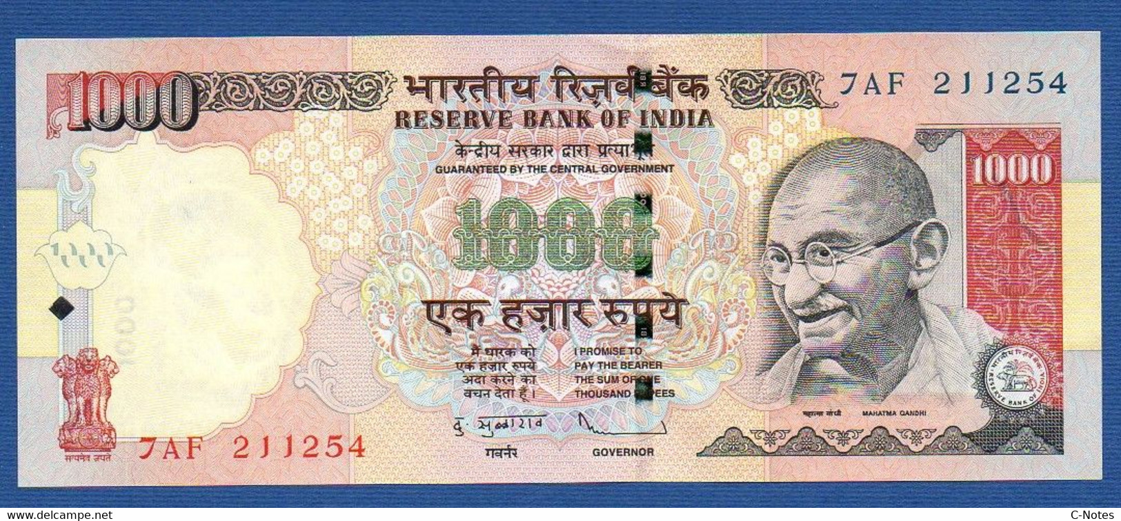 INDIA - P.100l –  1.000 1000 Rupees 2008 Unc,  WITHOUT Plate Letter,  Serie 7AF 211254 - Inde