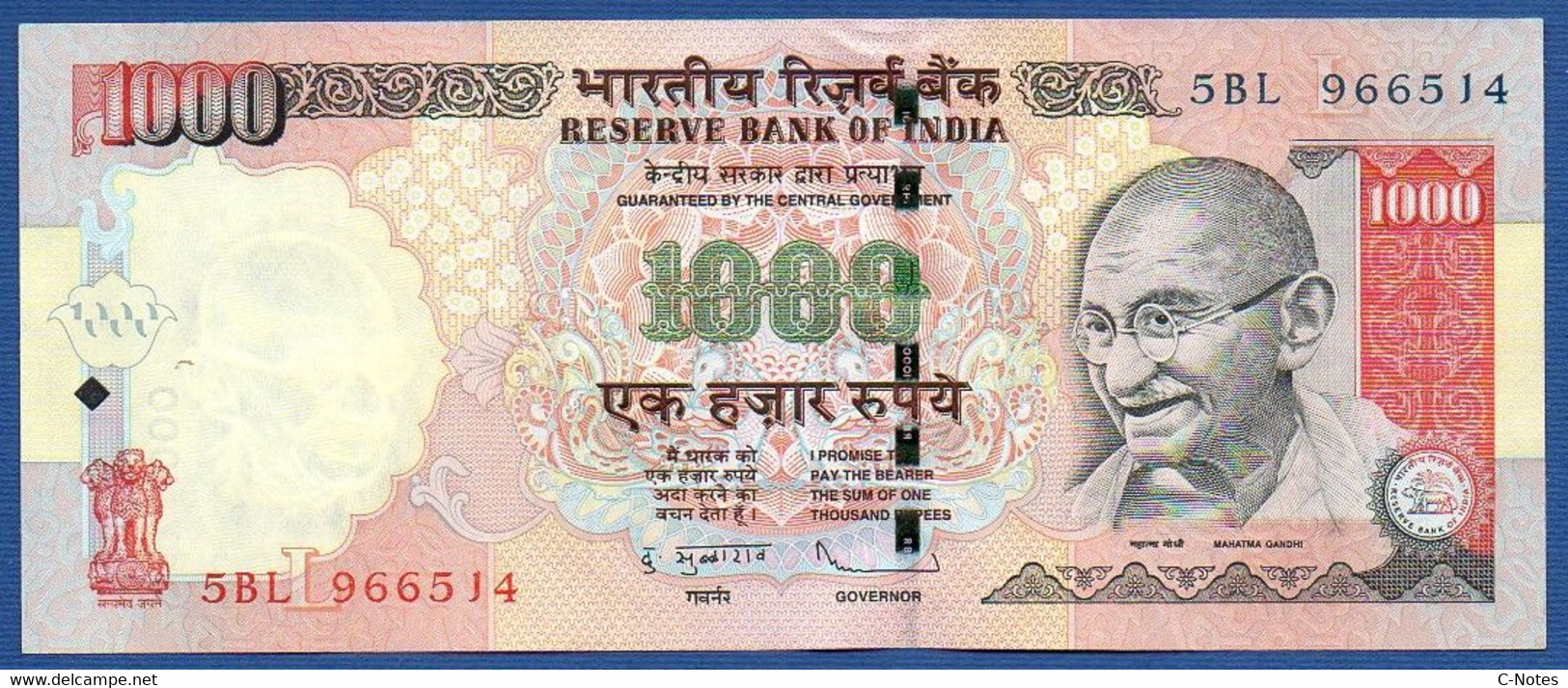 INDIA - P.100q–  1.000 1000 Rupees 2010 Unc,  Plate Letter L,  Serie 5BL 966514 - Inde