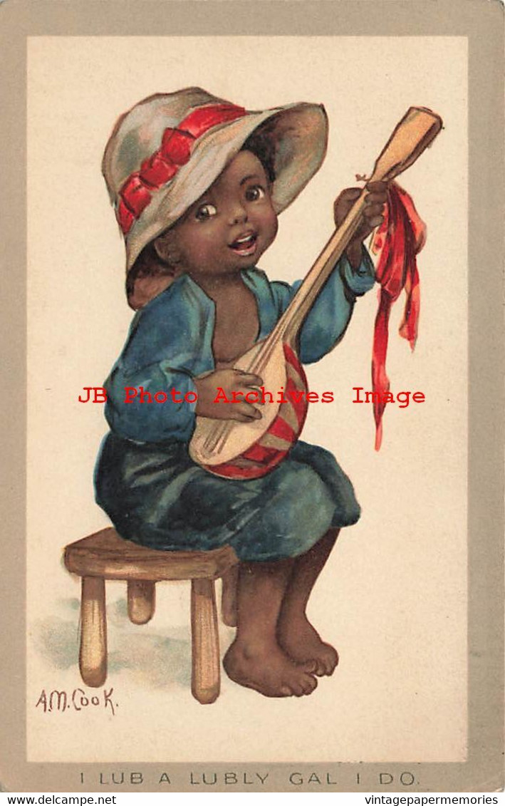 317983-Black European, Faulkner No 1413 F, Signed AM Cook, Boy Playing Mandolin - Black Americana