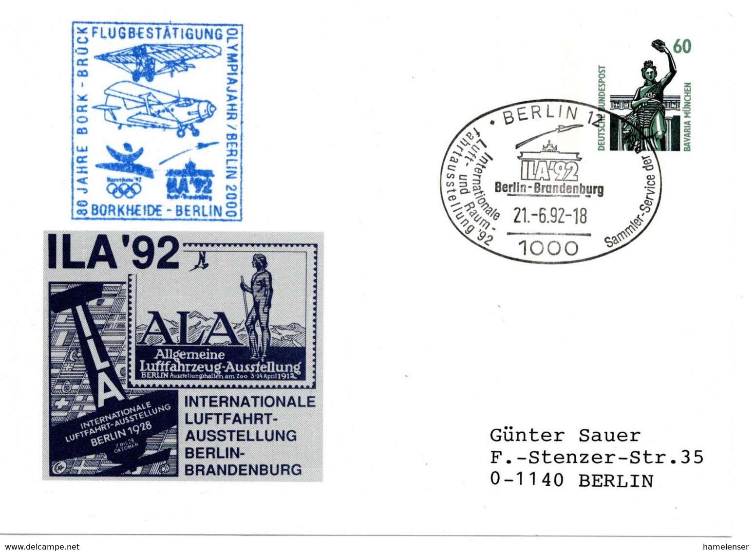 55245 - Bund - 1992 - 60Pfg SWK PGKte SoStpl BERLIN - ILA '92 ... -> Berlin - Exposiciones Filatélicas