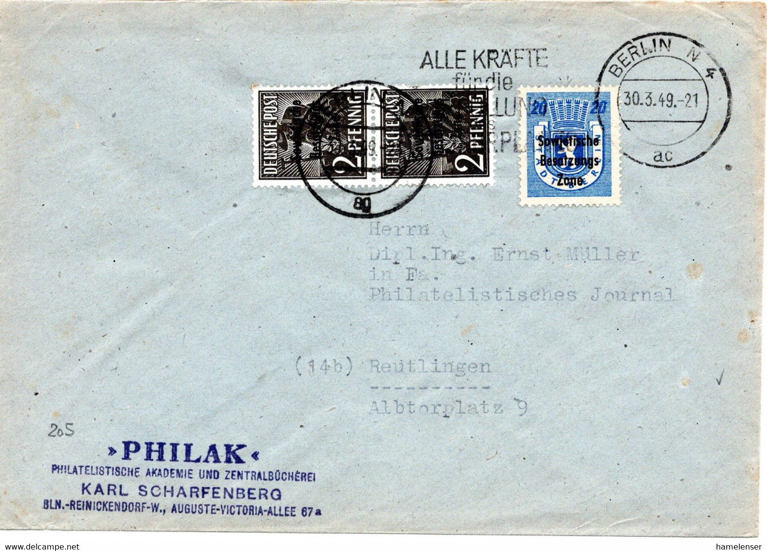 55250 - SBZ - 1949 - 20Pfg SBZ-Aufdruck MiF A Bf BERLIN - ALLE KRAEFTE FUER DIE ERFUELLUNG ... -> Westdeutschland - Otros & Sin Clasificación