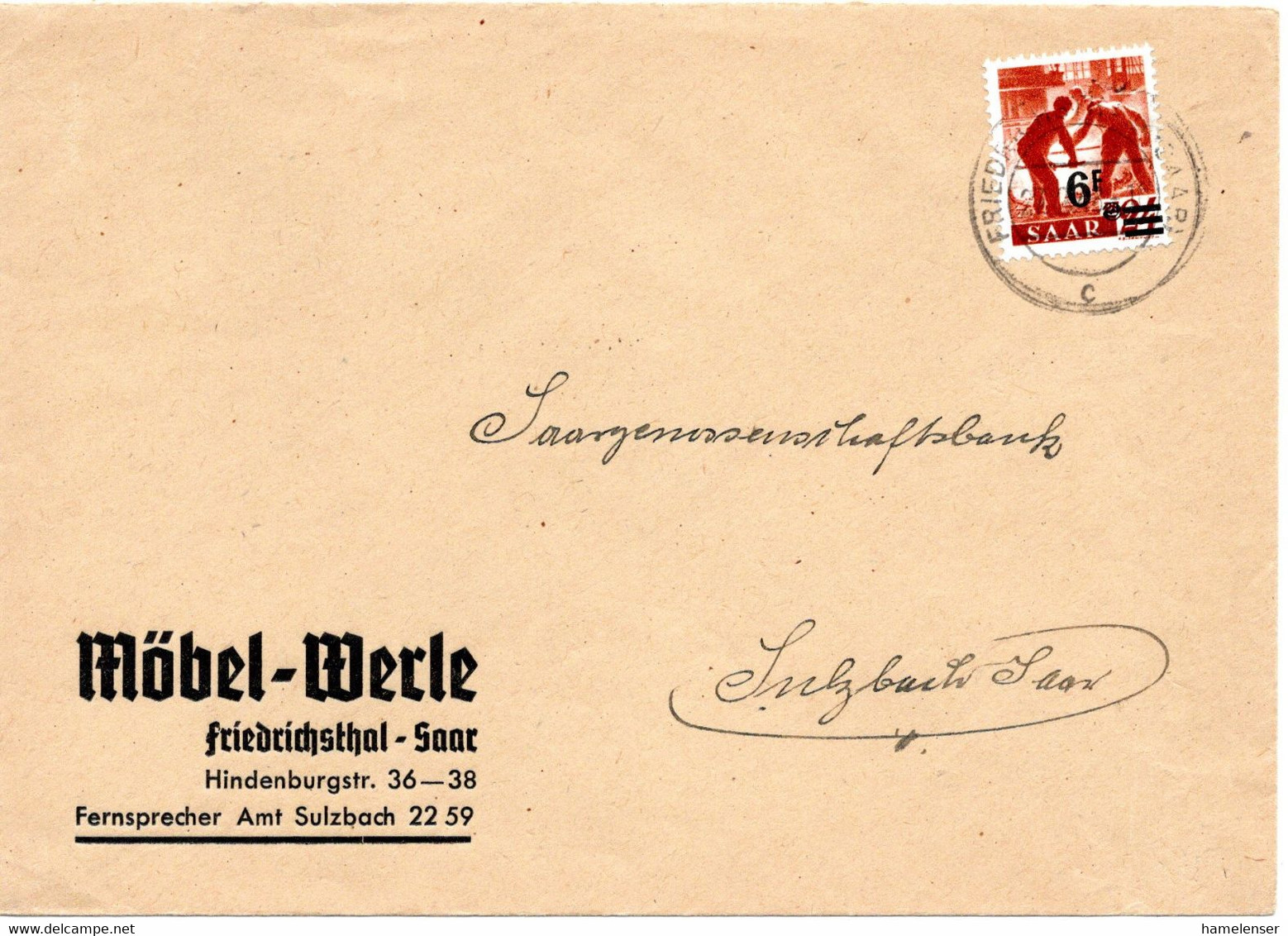 55251 - Alliierte Besetzung / Saargebiet - 1948 - 6F/24Pfg EF A Bf FRIEDRICHSTHAL -> Sulzbach - Briefe U. Dokumente