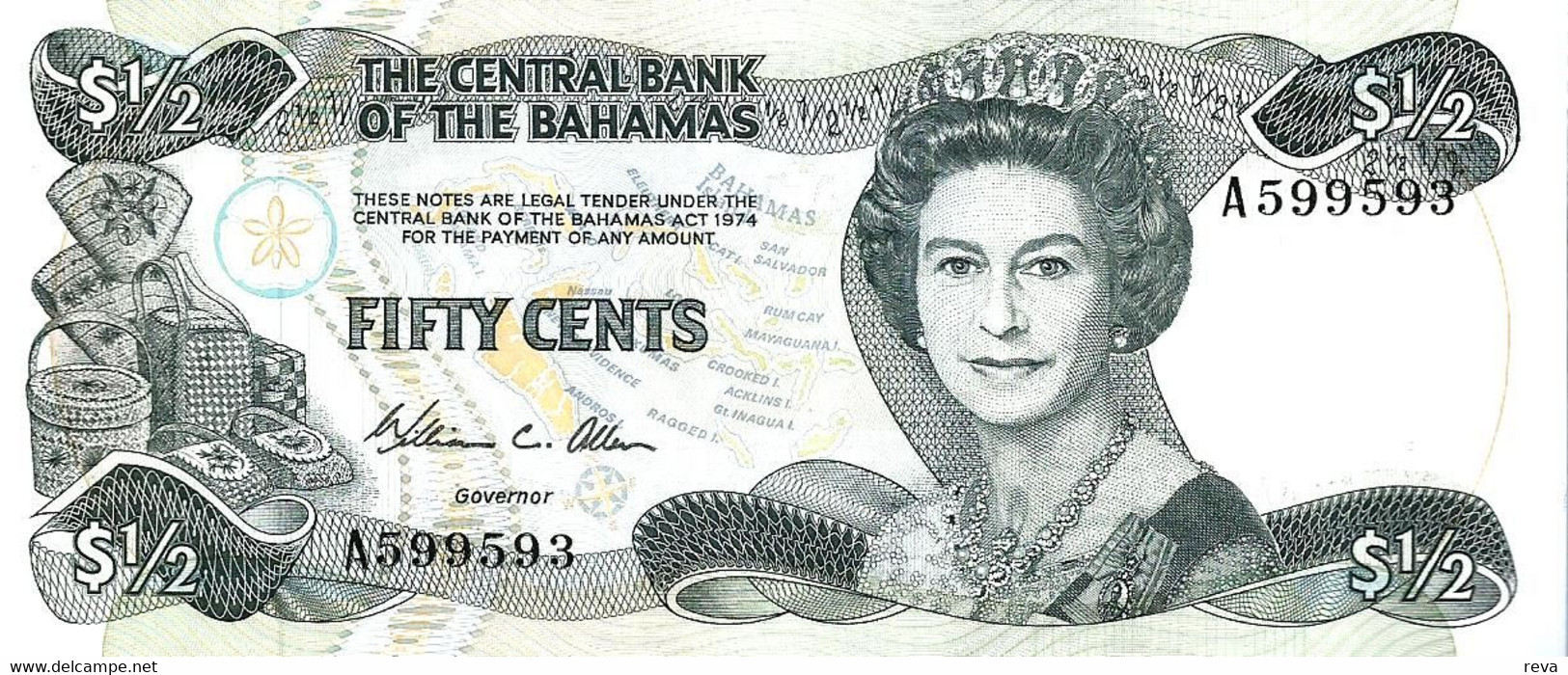 BAHAMAS $1/2 GRAY WOMAN QEII FRONT WOMAN FRUITS BACK DATED LAW 1974 ISSUED 1984 UNC P.42 READ DESCRIPTION !! - Bahamas