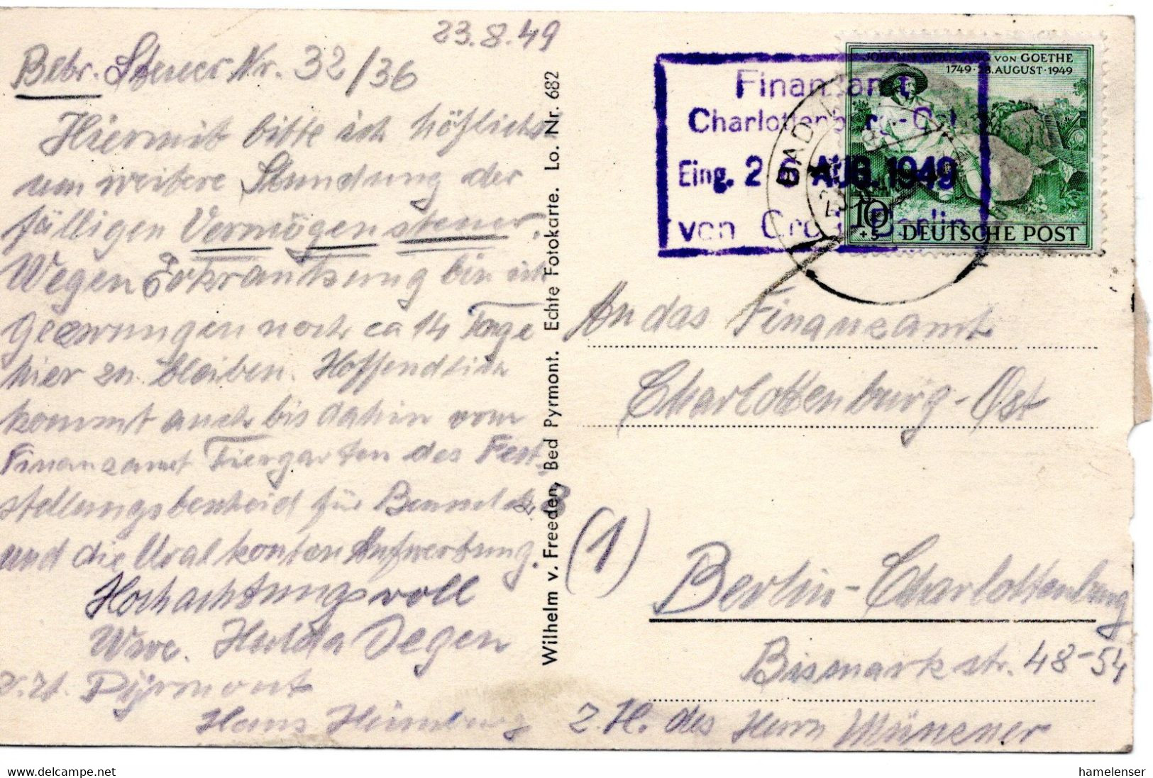 55260 - Bund - 1949 - 10Pfg Goethe EF A AnsKte BAD PYRMONT -> Berlin - Sonstige & Ohne Zuordnung