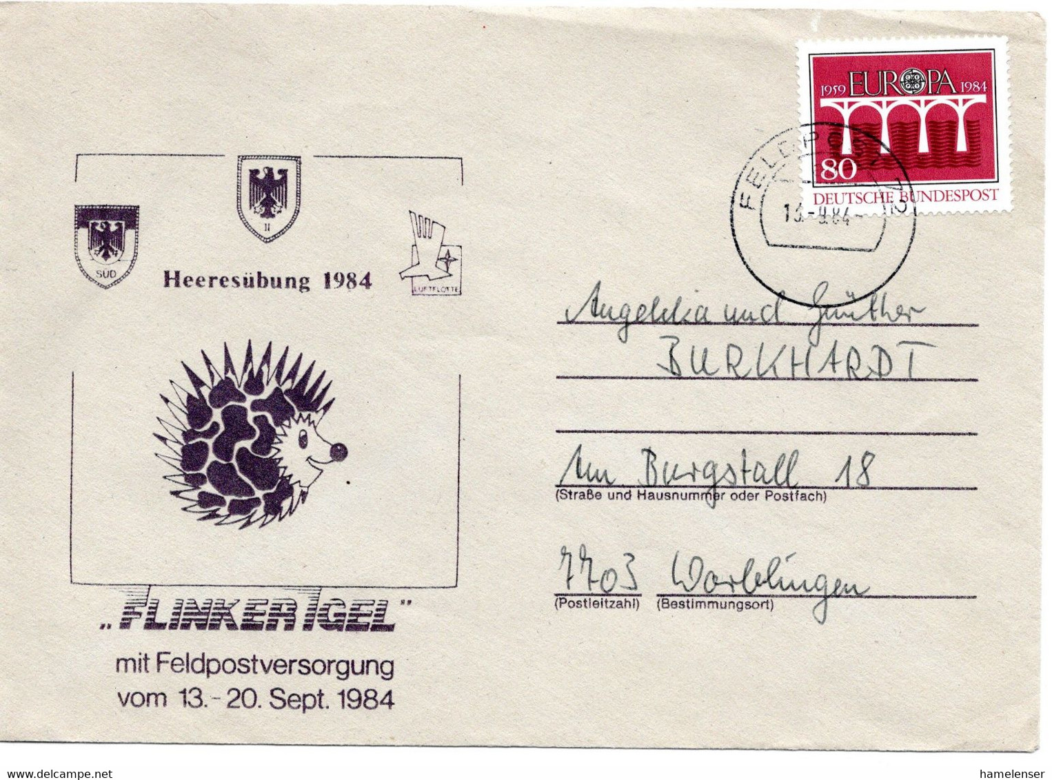 55265 - Bund - 1984 - 80Pfg CEPT '84 EF A Bf "Heeresuebung 1984" FELDPOST 72 -> Worblingen - Cartas & Documentos