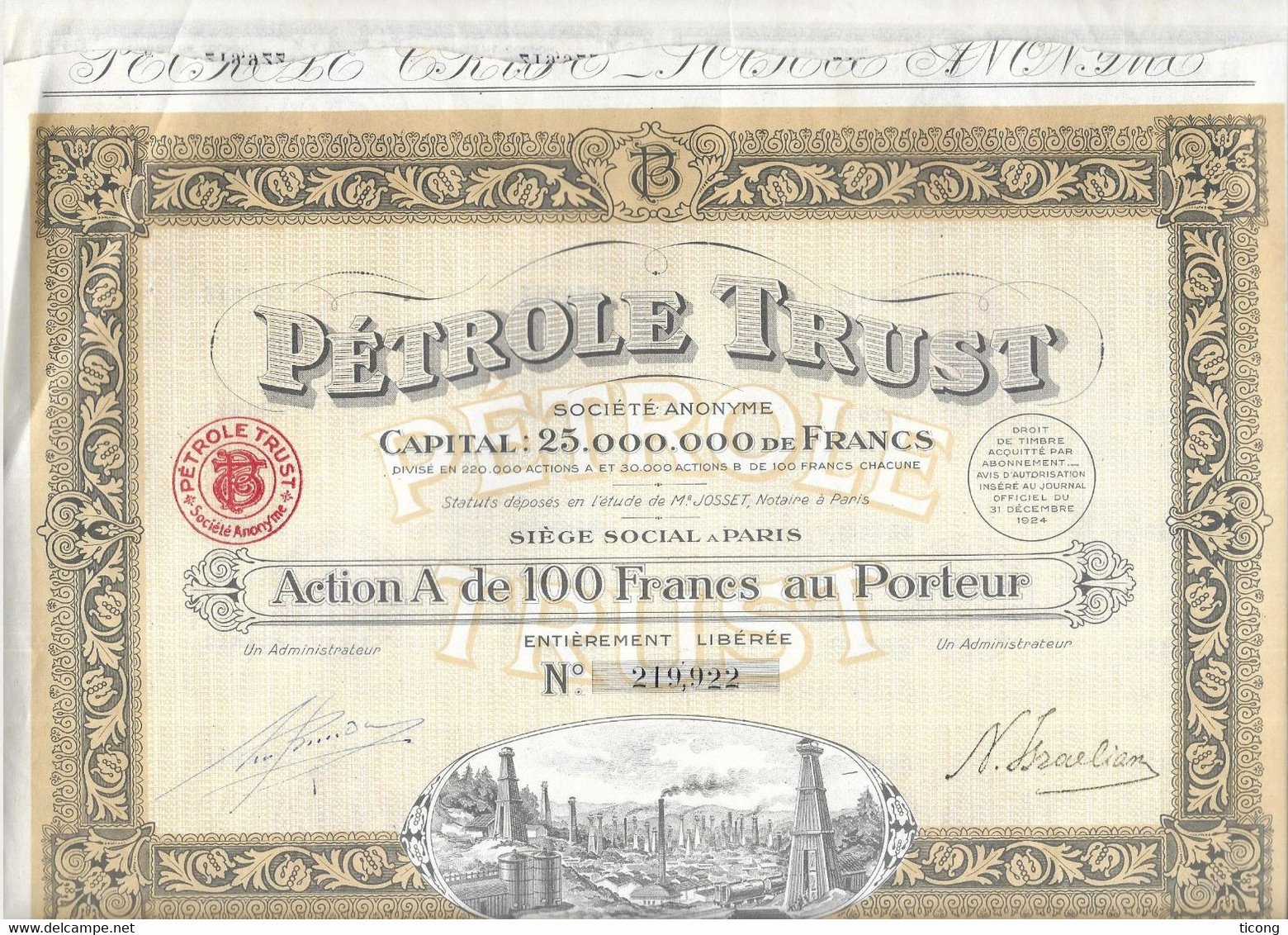 PETROLE TRUST ACTION ILLUSTREE - FEUILLE COMPLETE AVEC SES 32 COUPONS, VOIR LES SCANNERS - Aardolie