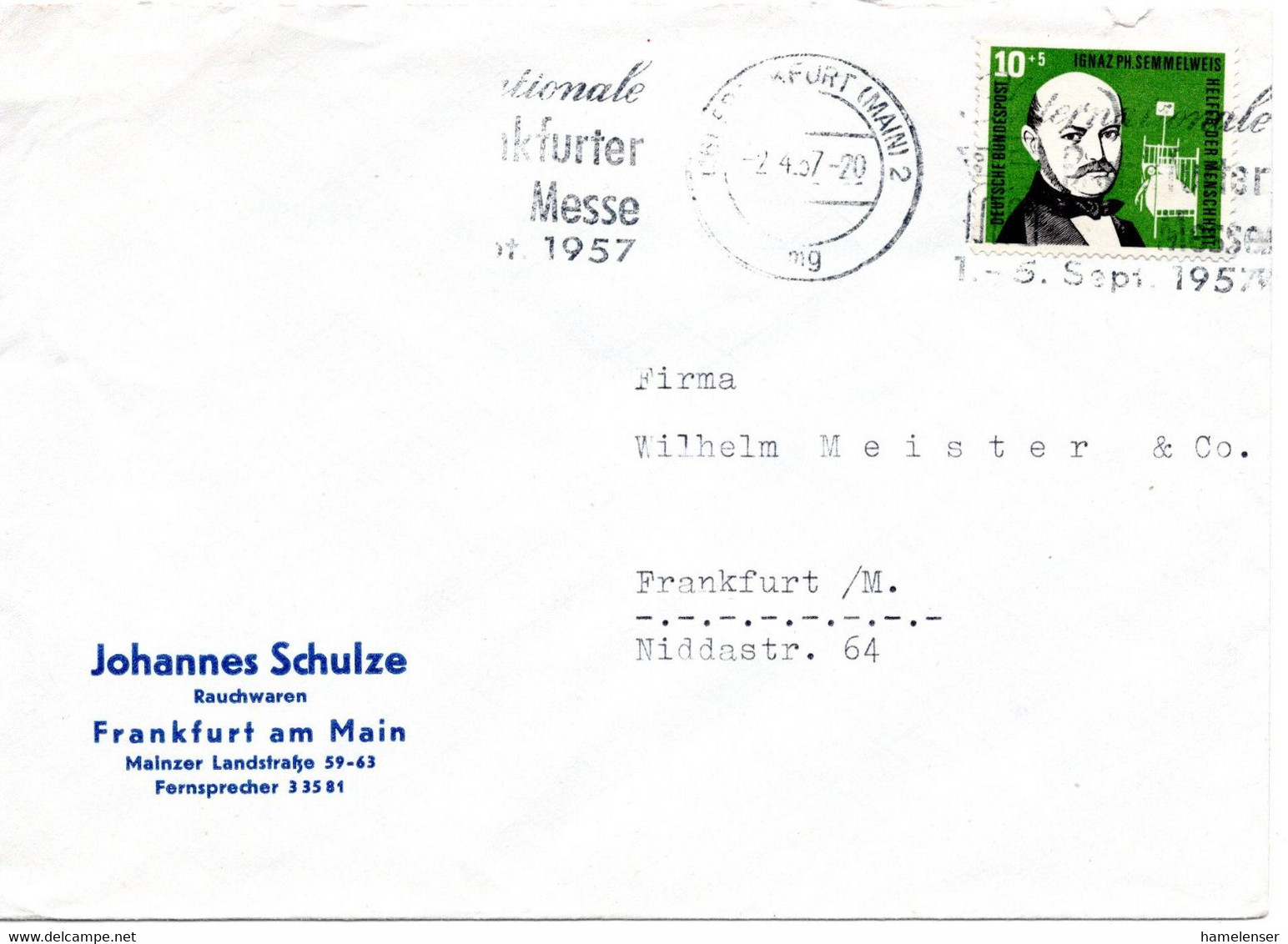 55267 - Bund - 1957 - 10Pfg WoFa '56 EF A OrtsBf FRANKFURT - INTERNATIONALE FRANKFURTER MESSE ... - Medicina