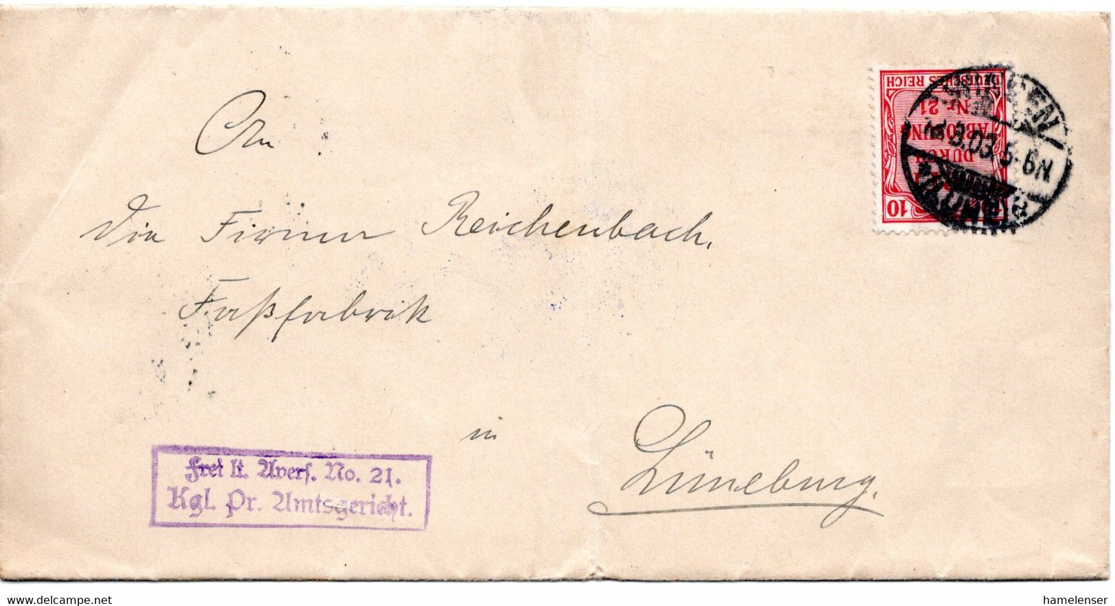 55299 - Deutsches Reich - 1903 - 10Pfg Zaehldienstmarke "21" A FaltBf WINSEN -> Lueneburg - Dienstzegels