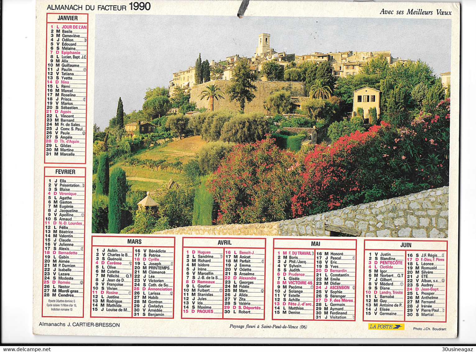 Calendrier 1990, Almanach Des PTT,postes,26 X 21,5 Cm .Département 84  Vaucluse , En Provence  Saint Paul De Vence - Grand Format : 1981-90