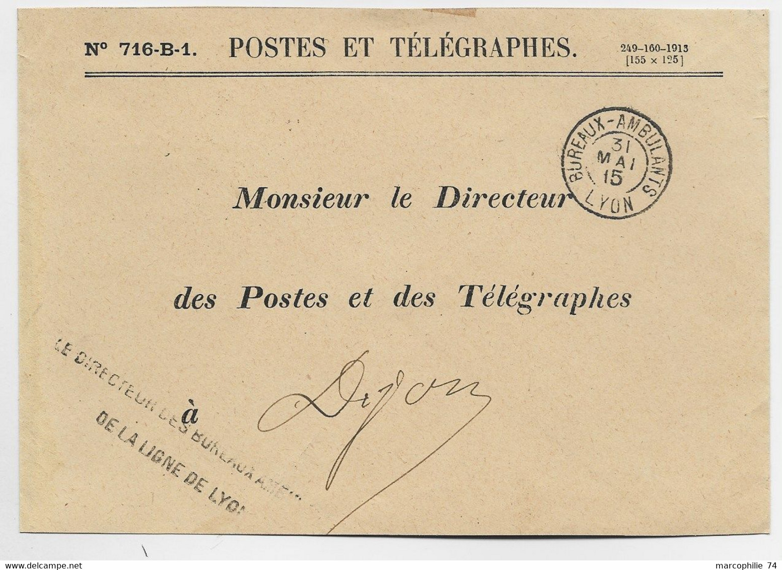 LETTRE PTT CACHET DOUBLE CERCLE BORDEAUX AMBULANT 31 MAI 15 LYON - Railway Post