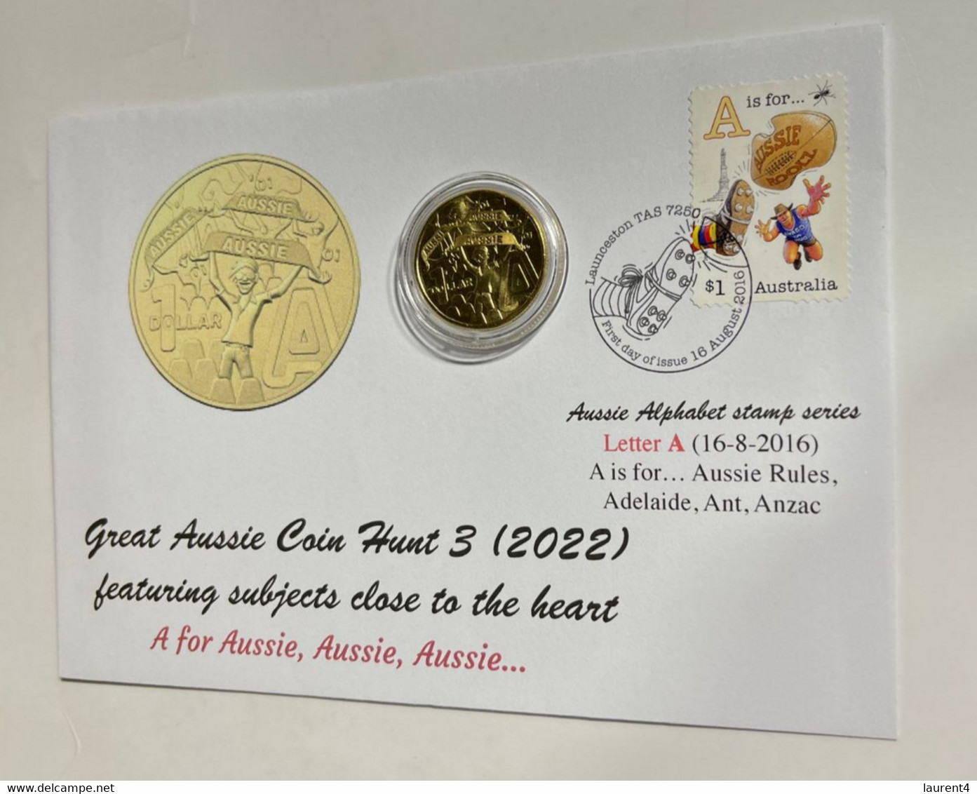 (3 L 73) Australia 2022 Letter A $ 1.00 Coin (Aussie) + Alphabet Letter A (2016) - Cover With Stamp & Coin - Dollar