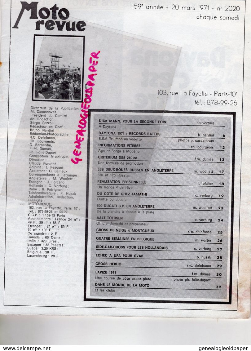 MOTO REVUE- 1971-N° 2020-DAYTONA-DCK MANN-AGO ET BERTA A MODENE-JAMATHI-DUCATI-AALT TOERSEN-CROSS MONTGUEUX-CARRUTHERS - Motorfietsen