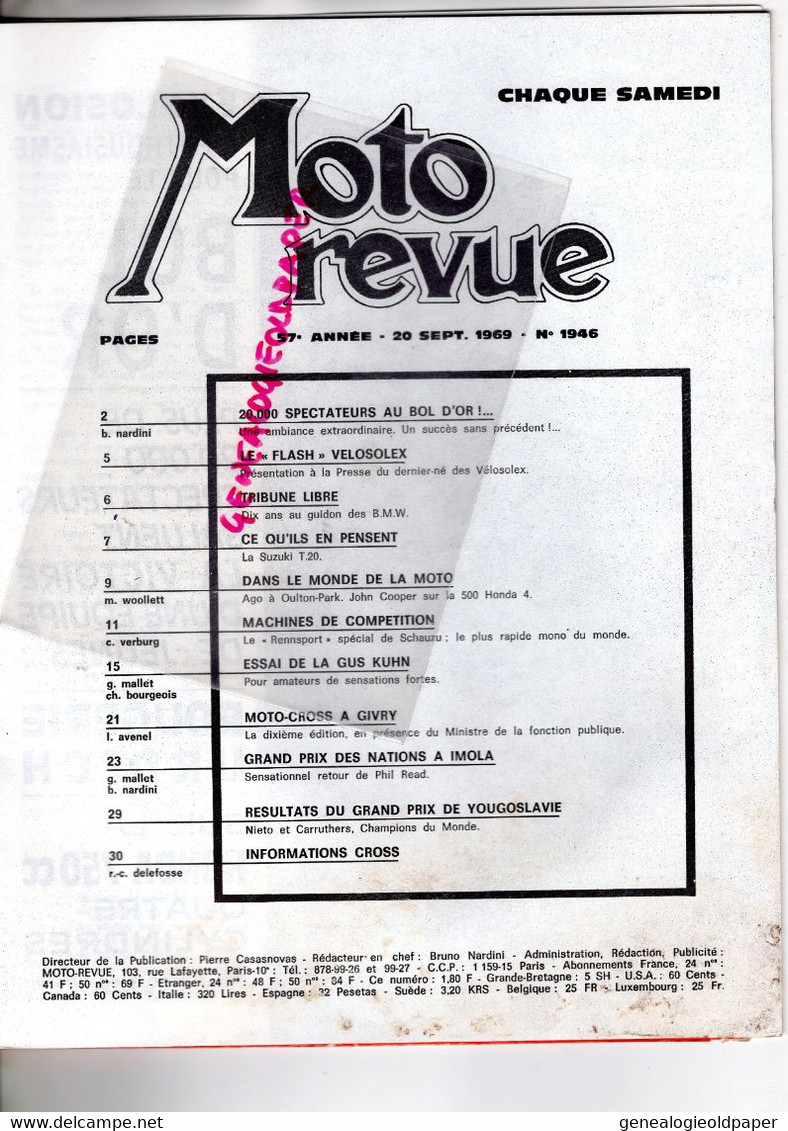 MOTO REVUE- 1969-N° 1946-READ CARRUTHERS-IMOLA-BOL D' OR MONTLHERY-VELOSOLEX-MONTESA-AGOSTINI-JOHN COOPER-SCHAUZU BMW - Motorfietsen